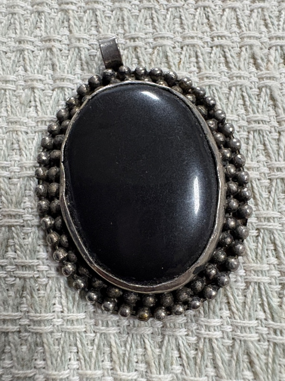 Vintage Black Onyx Stone Pendant with Beaded Silver Frame - Picture 1 of 4